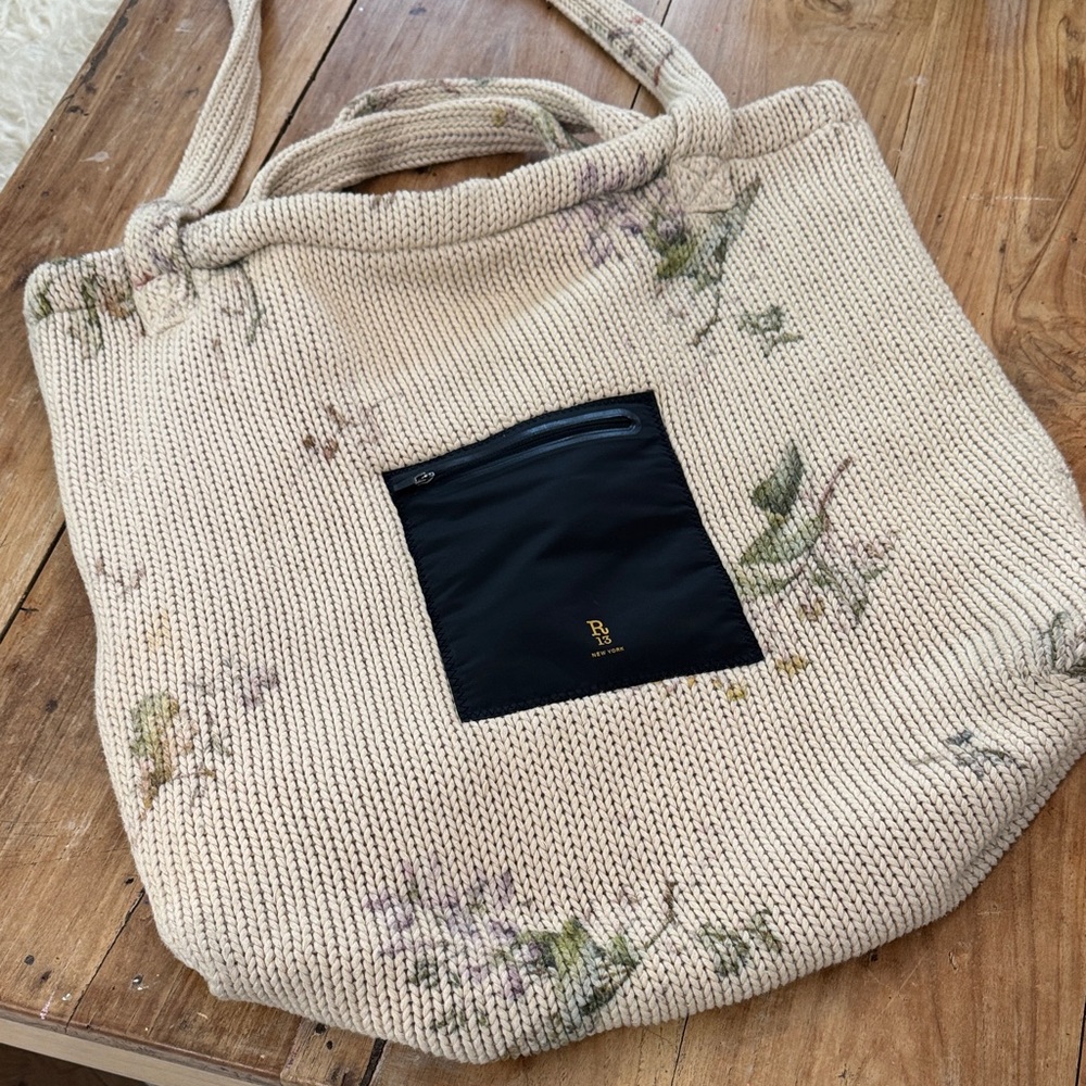 R13 Beige Floral on Khaki Tote Bag.